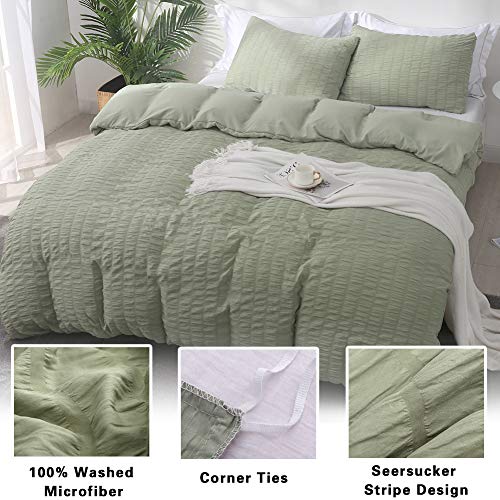 AveLom Green Duvet Cover King(104 x 90 inches), 3 Pieces (1 Duvet Cover, 2 Pillow Cases),Seersucker Tripe Soft Washed Microfiber Textured Duvet Cover Set with Zipper Closure, Corner Ties by AveLom - Image 2