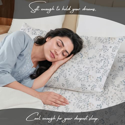 Image of LINENWALAS 100% Cotton Flat Bed Sheet for Double Size Bed | Super Soft, Breathable, Oeko-TEX Certified 300 TC | Premium Hotel Class Floral Bedsheet with 2 Pillow Cover (90x100 Inches, Skylet Breeze)