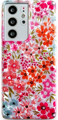 Qokey for Galaxy S21 Ultra Case 6.8" - Bright Sparkle Seashell Pink Flower