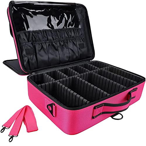 Image of Travel Makeup Case, Professional Cosmetic Train Cases Artist Storage Bag Make Up Tool Boxes Brushes Bags with Compartments Vanity Organizer (16 INCH(2 Layer), Pink)