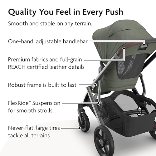 Image of UPPAbaby Vista V3 Full-Size Single-to-Double Stroller System, Toddler Seat, Bug & Rain Shields, Storage Bag Included, Evelyn (Meadow Green /Graphite Frame /Chestnut Leather)