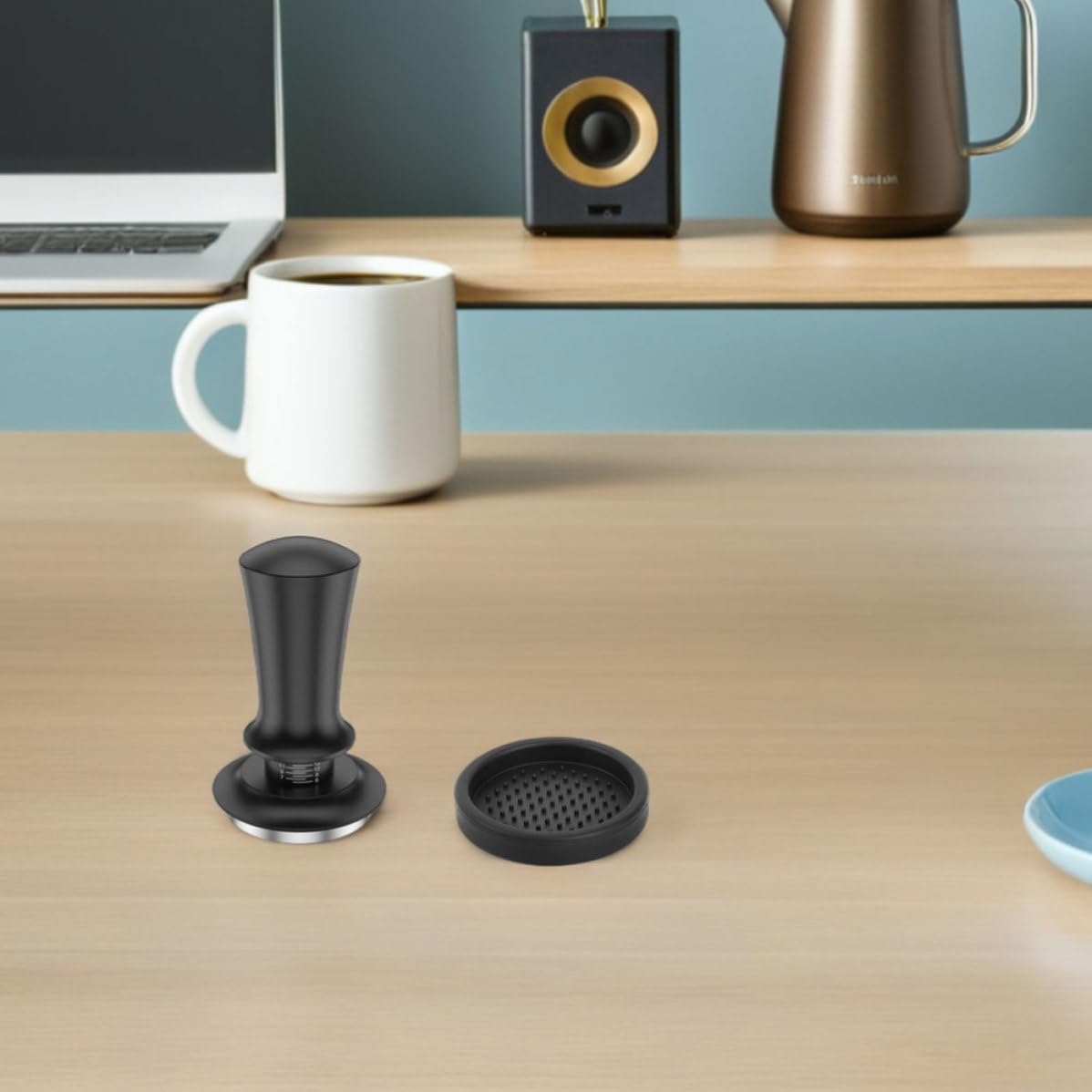 GALPADA Edelstahl Espresso Kaffeestampfer Satz mit Präzisem Dosierring und Nadelverteiler Silikonmatte Kompatibel mit Espressomaschinen Einfache Reinigung Schwarz
