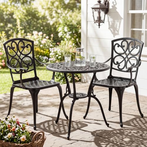Image of NUU GARDEN 3-Piece Outdoor Bistro Set, Round 23.8 Inch Cast Aluminum Bistro Table with Umbrella Hole and 2 Cast Aluminum Bistro Chairs, for Patio, Garden, Backyard and Balcony, Black