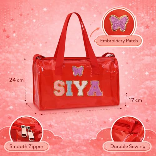 Image of AICA Personalized Name Embroidered Letters & Patch Duffle Bag for Kids Boys & Girls Age 1-18 Years Age Group (Red) | Gift for Boys Girls Kids