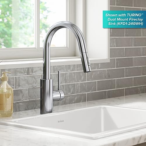 Image of KRAUS Oletto Single Handle Pull Down Kitchen Faucet with QuickDock Top Mount Installation Assembly in Chrome, KPF-2620CH