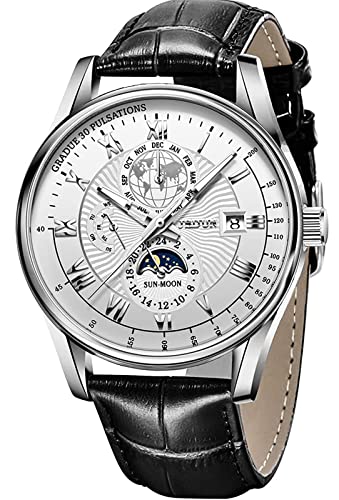 Black Leather Strap Watches for Mens Chronograph Mechanical Wrist Watches White Moon Phase Dial Waterproof Luminous Date OLEVS Brand Automatic Self Winding Watches for Male