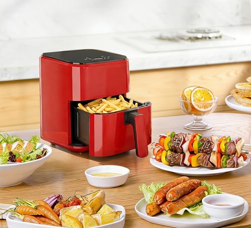 Image of Air Fryer 3.17QT with Clear Window, Simple Operation Airfryer Non-Stick Basket Dishwasher Safe, Square Airfryer, Air Fry, Roast, Reheat, Dehydrate, Bake, 400F Rapid Air Crispy Technology, Red