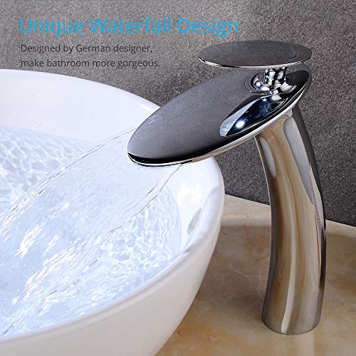 Wovier Chrome Waterfall Bathroom Sink Faucet With Supply Hose,Single Handle Single Hole Vessel Lavatory Faucet,Slanted Body Basin Mixer Tap Tall Body Commercial #TOP4