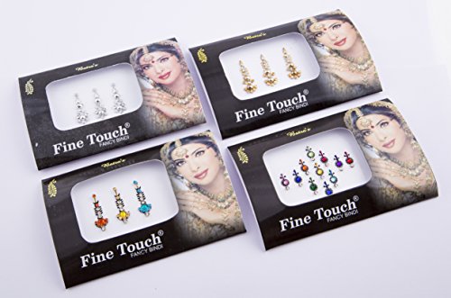 4 Pack Gold, Silver and Multi-color Assorted Size Bollywood Head Bindi Tattoo Indian Art Rhinestone Stickon Reuseable