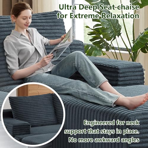 Image of 96 inch Modular Sectional Sofa, Modern Corduroy Cloud Couch, Boneless Couch Upholstered 3-Seater L-Shaped Sofa for Living Room, No Assembly Required (Dark Grey, Right-Facing Chaise)
