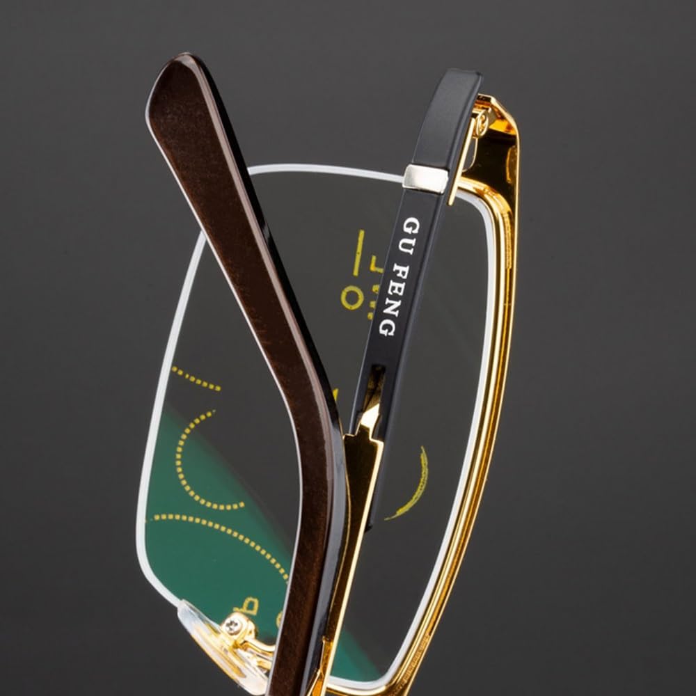 SFIVE Progressive Multifocus Lesebrille Metall Halber Rahmen Presbyopie Brille HD Lesebrille Anti-Blau Für Männer 1.0 1.5 2.0 2.5 (Color : Gold, Size : +3.0)