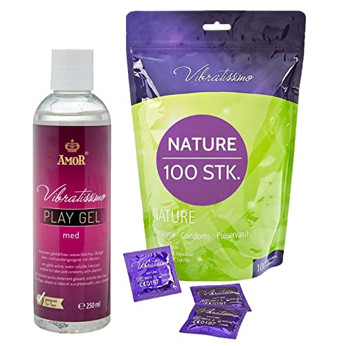 VIBRATISSIMO Kondome Nature 100er Pack & Gleitgel Set I Extra Feucht I für Men I Dünne Wandstärke & Naturfarben I Gefühlsecht Hauchzart I Verhütung I B=53 mm