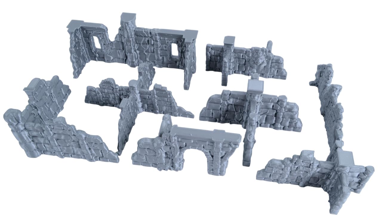 Überwucherte Ruinen-Wände für Tabletop - 28mm Fantasy Gelände freistehend, 3D-Druck aus PLA, Zubehör für Miniaturen, D&D, Conquest & Warhammer 40k, Grau