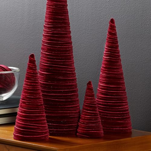 Image of Set of 4 Burgundy Velvet Trees, Elegant Fabric Winter Mantel Decor, Luxurious Artisan Accent, Winter Valentine Tree, Centerpiece (Burgundy)