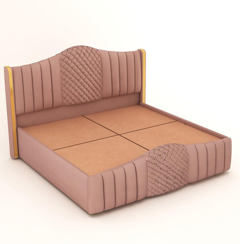 Image of Aesthetic crafts Modern Upholstered King Size Bed with Box Storage for Bedroom | Wooden Double Bed with Storage | Platform Cot Bed with Upholstery Premium Fabric | 6.5 x 6 Ft | Sheesham Wood, Peach