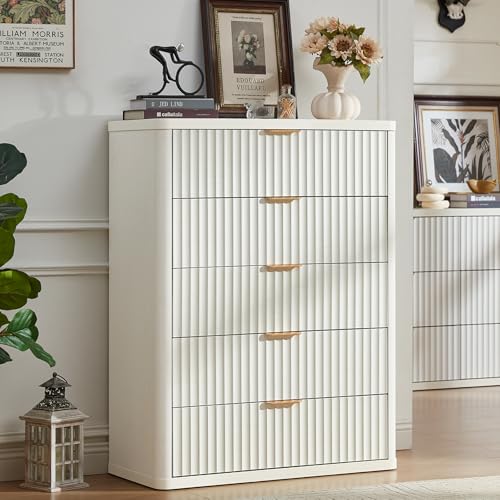 Image of LEYAOYAO Fluted 5 Drawers Dresser Set of 2, 41 inch Tall Modern Chest of Drawers with Metal Handle, Curved Profile Dresser TV Stand, Wooden Drawer Organizer for Bedroom, Living Room, Hallway,Antique White