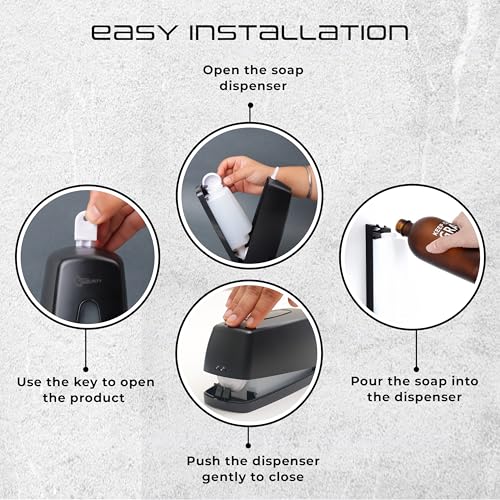 Image of Robustt Manual Wall Mounted Liquid Soap Dispenser - Black (350 ml, Pack of 5) - with Adhesive Hooks | Leak-Proof, Transparent Window, Easy Installation - Ideal for Bathroom, Kitchen, Hotels, Offices