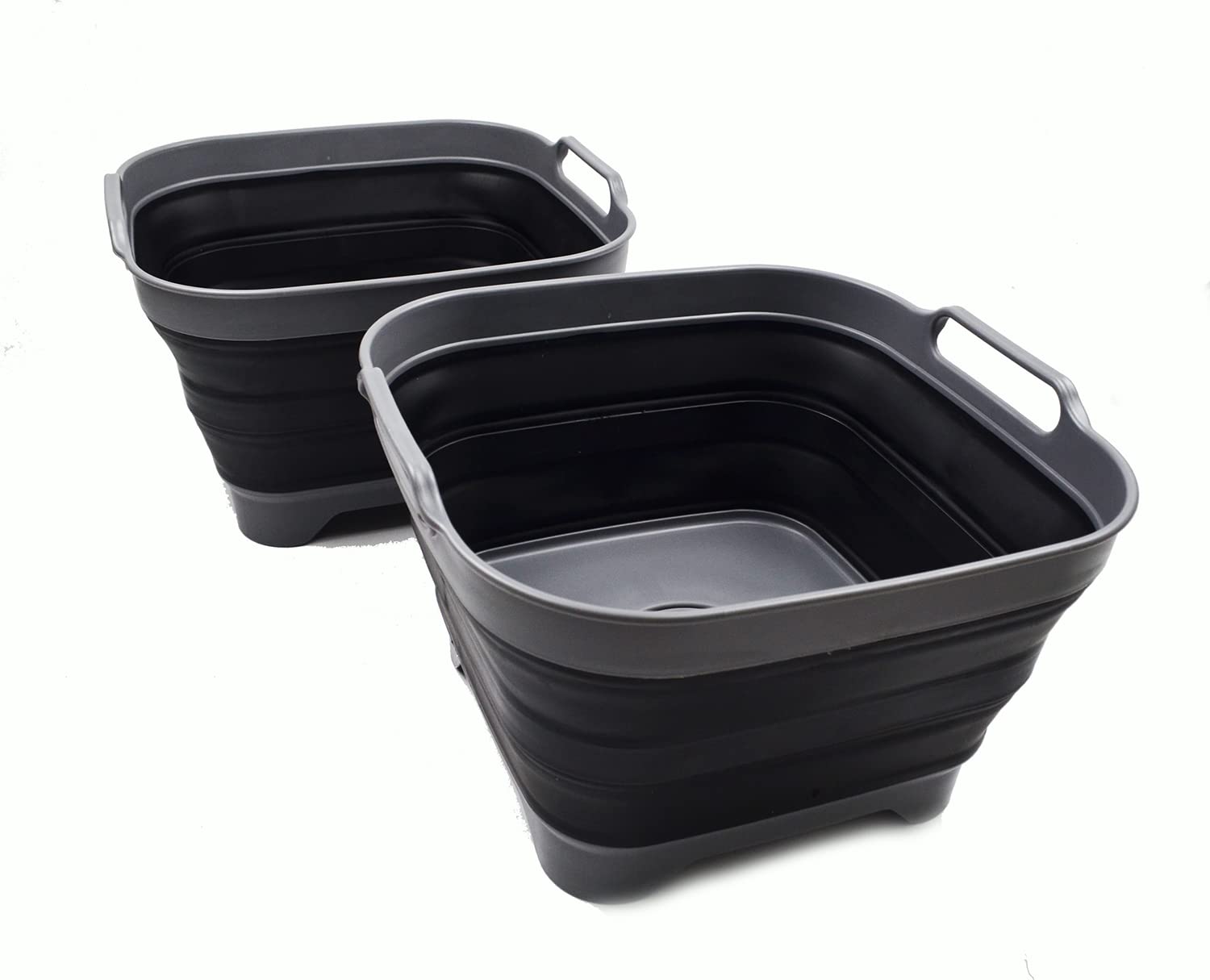 SAMMART 10L Faltschale mit Ablassschraube - Faltbares Waschbecken - Tragbare Geschirrspülwanne - Platzsparendes Küchenablagefach (Grau/Schwarz (2er-Set))