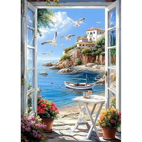 NEWENMO Vista Al Mar y Gaviotas Diamond Painting Adultos,DIY Barco Blancos Pintura de Diamante Kits,5D Diamond Art Kit Completo,Bricolaje Dibujo con Diamantes,para Decoración del Hogar,30x40cm