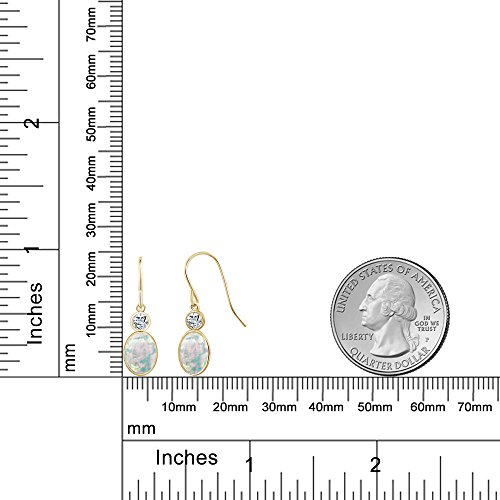 Gem Stone King 14K Yellow Gold White Opal and White Topaz Hook French Fish Ear Wire Dangle Earrings For Women (1.54 Cttw, Gemstone October Birthstone, Oval Cabochon 7X5MM, Round 3MM)3