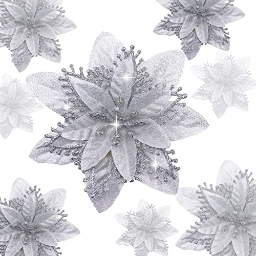 Roqueen 12 PCS 22CM Fleurs de Noël artificielles Poinsettia Glitter avec Clips Ornements d'arbre de Noël pour Couronne Décoration de Fête de Mariage (Argent) Cover
