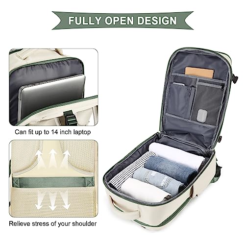Image of coowoz Large Travel Backpack for Women Men,Carry On Backpack Flight Approved,Hiking Backpack Outdoor Rucksack Casual Daypack Fit 15.6 Inch Laptop Shoes Compartment White Green L