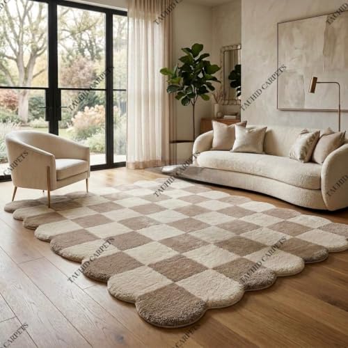 Image of Tauhid Carpet Handwoven Shaggy Rug, Super Soft Microfiber Checkered Carpet for Living Room, Bedroom & Hall Beige Cream 2x5 Feet Runner.