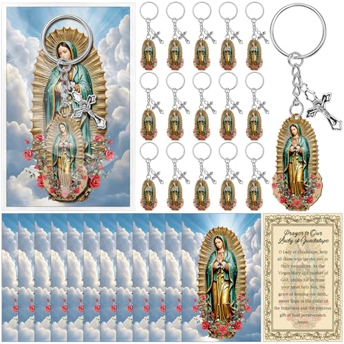 Highergo Virgin of Guadalupe Keychains Gifts Baptism Favors for Guests Catholic Prayer Cards Religious Souvenirs(15 Sets Guadalupe)