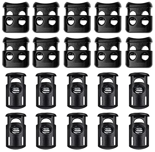 Lot de 20 écluses en Plastique pour Cordons, Butée à Bascule à Ressort Fin, 10 pièces, Trou Double, 10 pièces, trou unique, Serrures à Ressort pour Cordons de Serrage, Bouchon de cordon, Lacets, Noir Cover