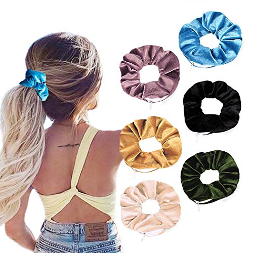 Unicra Scrunchies Zipper Pocket Hair Scarf Scrunchies Elastic Hair Ties Hidden Scrunchy Hair Accessories for Women and Girls 6PCS(Zipper)
