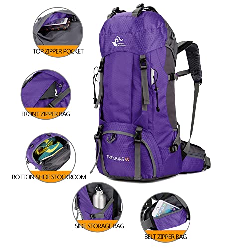 Bseash 60L Waterproof Lightweight Hiking Backpack With Rain Cover,Outdoor Sport Travel Daypack For Climbing Camping Touring (Purple) #TOP2