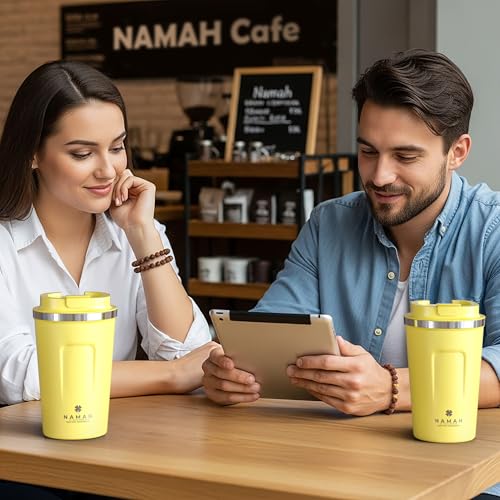 Image of Namah Insulated Coffee Mug Travel with Lid 380ML Stainless Steel Coffee Tumbler Cup for Office & Home, Leak Resistant Matte Finish Hot & Cold Travel Coffee Mug for Men & Women Gift (Sun Kissed)