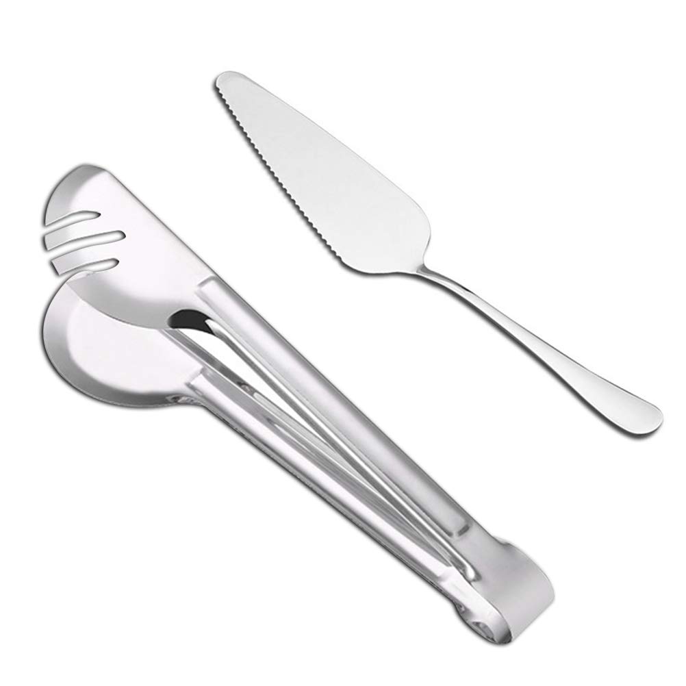 DODUOS Spaghetti Serving Tongs Cake Server Cutter, 2PCS Stainless Steel Food Serving Tool Set for Kitchen, Pasta Serving Gripper Tongs Cake Cutter Slicer Divider Cutting Spatula for Pasta Salad Pizza