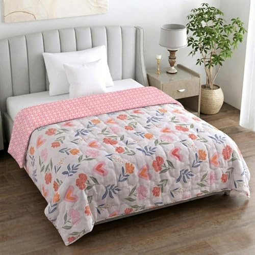 Image of BENAVJI Reversible Single Bed Comforter, Soft Microfiber AC Quilt, Floral & Heart Print, All Season Blanket, Pink