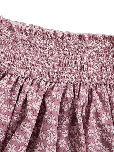 Image of RoseSeek Girl's 2 Piece Outfits Lace Ruched Camisole Tops and Shirred High Waisted Layered Floral Skirts Set
