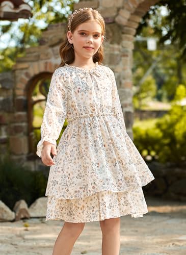 GRACE KARIN Girls Fall Long Sleeve Dress Formal Party Holiday Smocked Waist Midi Dresses 5-12Years2
