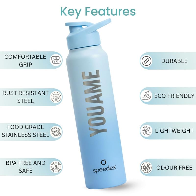 Image of Speedex Engraved Name Stainless Steel Sipper Water Bottle 1 Ltr - Customised Personalised Bottle for Kids & Adults, School, Gym, Sports, Dual Blue, Set of 1