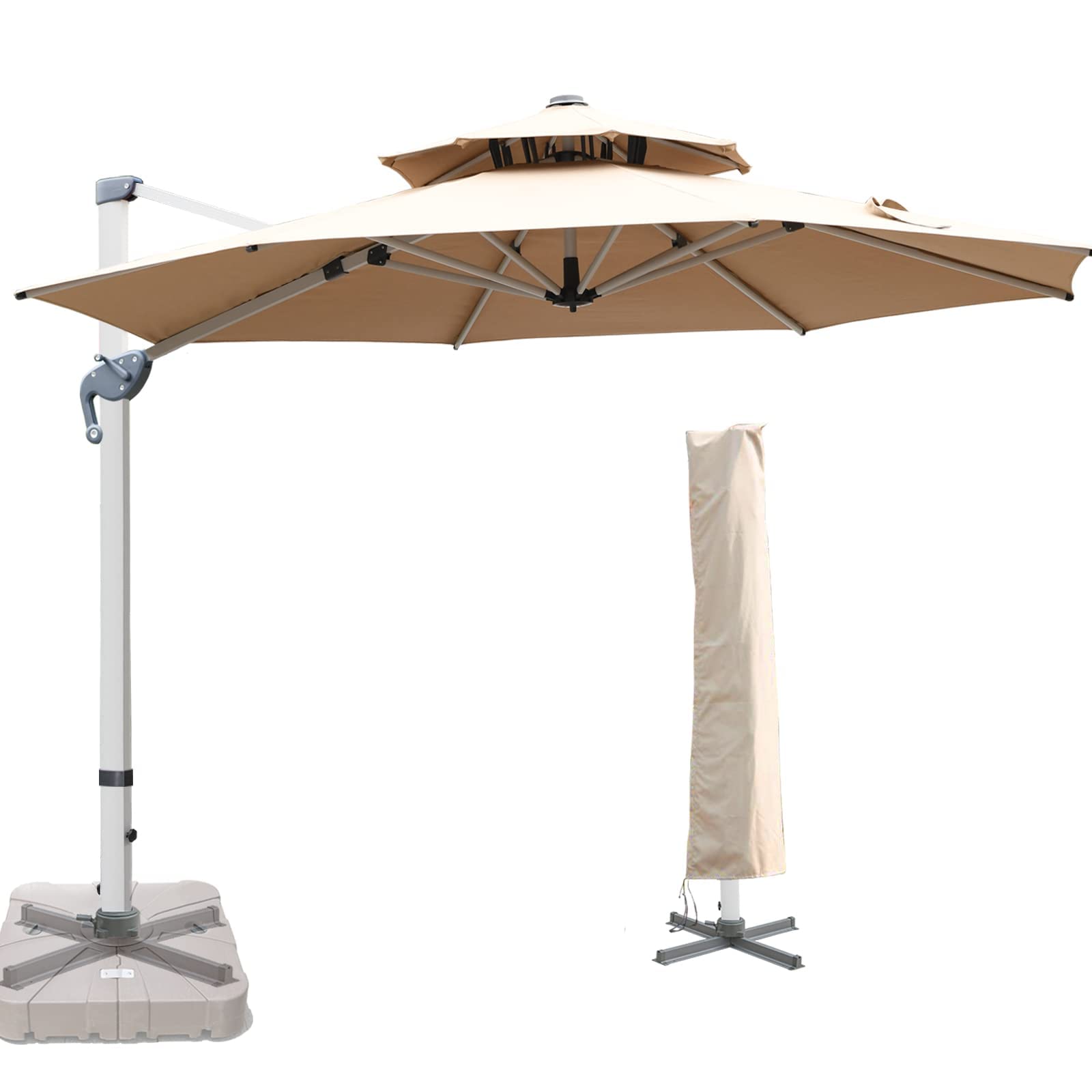 Mojia 11 FT Cantilever Patio Umbrella with Cross Base and Cover Included - 360° Rotation Offset Hanging Umbrella Large Heavy Duty Outdoor Umbrella with Easy Tilt for Pool Backyard Deck Garden, Khaki