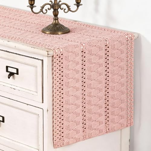 Image of MLMC Pink Boho Table Runner Farmhouse Macrame Woven Table Runner 72 inch Long Rustic Cotton Linen Blend Table Decor for Dinning Kitchen Wedding Bridal Shower Eveyrday Use 12x72 Inch
