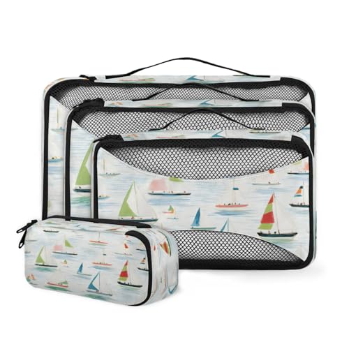 4 Set Packing Cubes for Travel, Nautical Sailboat Packing Cubes for Women, Travel Luggage Packing Organizers, Packing Cube Set, Cartoon Sailboat