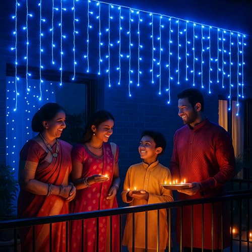 Image of MIRADH Icicle Diwali Lights Outdoor, 10ft 96 LED with 16 Drops Icicle Lights, Plug in Lights with 8 Modes Waterproof for Decoartion Light for Diwali, Christmas, Birthday, Ganesh Puja (Blue)