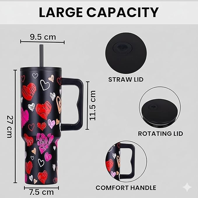 Image of Stainless Steel 1200 ml Vacuum Tumbler with Lid & Straw - Double‑Wall Insulated Cup for Travel, Gym & Office - Keeps Beverages Hot or Cold - 1.2 L Capacity (Black Heart)