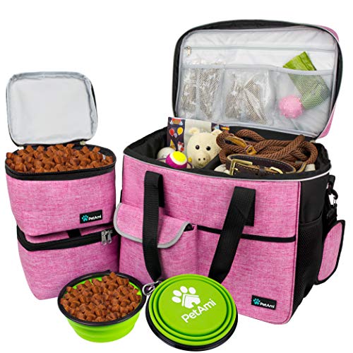 PetAmi Dog Travel Bag, Travel Pet Bag Organizer, Dog Food Travel Bag with Food Container and Bowls, Dog Travel Supplies Gift Accessories for Weekend Camping, Dog Cat Diaper Bag (Pink, Large)