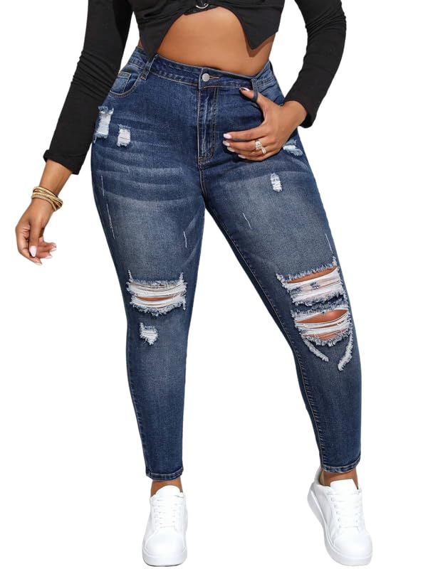 ALLABREVE Womens Plus Size Skinny Jeans Stretchy High Waisted Ankle Jean Ripped Slim Fit Washed Denim Distressed Tight Jean2
