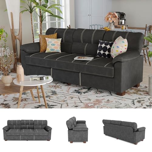 Ribilake 80 Inch Dark Grey Faux Leather Sofa Couch - Wide Armrests with 2 Pillows, Deep Seats, Contrast Stitching, 3 Seater Leather Couches for Living Room, Bedroom, Apartment