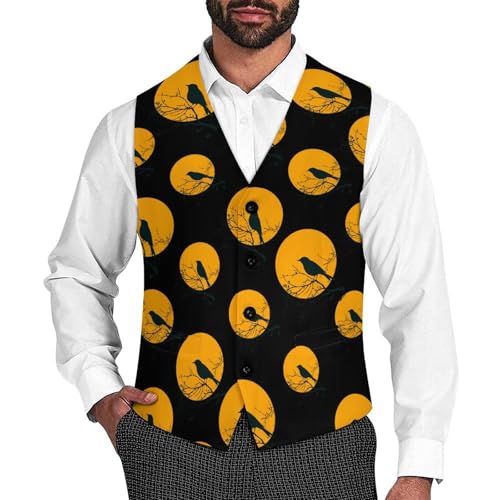 Silhouette of Bird Moon Suit Vest for Men Waistcoat Dressy V Neck Button Down Sleeveless Business Jacket Coat