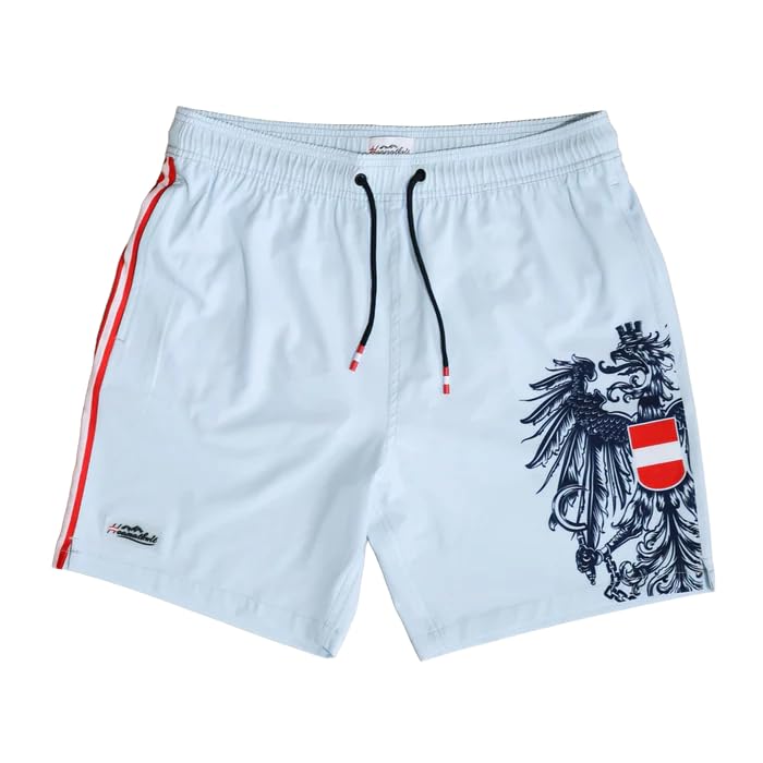 Hoamatkult Badehose Österreich Adler – schnelltrocknend, 4-Wege-Stretch, wasserabweisend, elastischer Bund mit Kordelzug, Herren Sommer Shorts