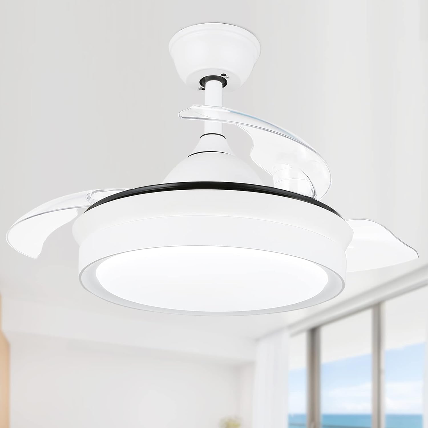 N/A 42’’ Retractable Ceiling Fan with LED Light and Remote Control, Retractable Blades, 3 Color Dimmable Modern Ceiling Fan for Bedroom/Living Room/Dining Room White 42 Inch