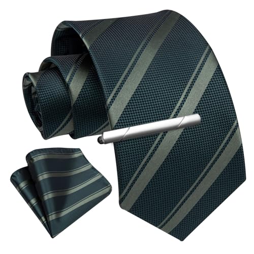 Image of Enlision Ties for Men Plaid Stripe Tie Handkerchief Woven Classic Formal Necktie Pocket Square Clip Set