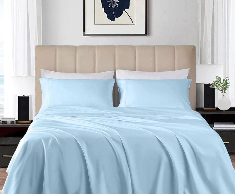 Juego de sábanas de 4 piezas de 800 hilos, 100% algodón suave, tamaño King, color azul claro, sábanas de algodón de fibra larga con funda de